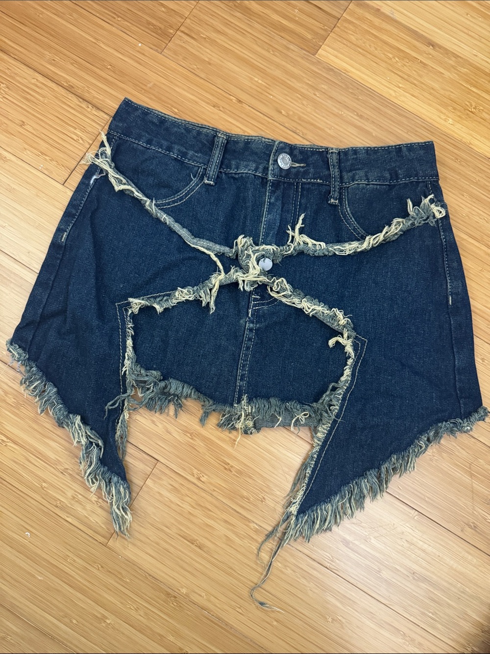 Dark Blue Distressed Denim Mini Skirt with Frayed Hem